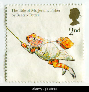 GOMEL, WEIßRUSSLAND, 9. APRIL 2017. Briefmarke gedruckt in Großbritannien zeigt Bild von The Tale of Mr Jeremy Fisher von Beatrix Potter. Stockfoto