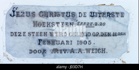 Historischen Eckpfeiler der Dutch Reformed Church in Nieu-Bethesda, ein historisches Dorf in der Provinz Eastern Cape. Die Kirche wurde im Jahre 1905 gebaut. Stockfoto