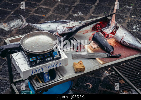 Schwertfisch auf berühmten alten Fischmarkt La Pescheria in Catania Stadt, östlich der Insel Sizilien, Italien genannt Stockfoto