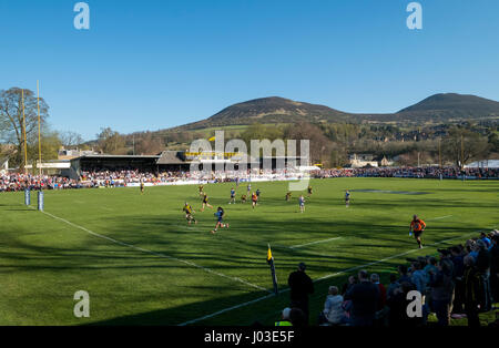 Eine große Menschenmenge beobachten 2017 Aberdeen Asset Melrose Sevens am Greenyards, Melrose, Scottish Borders. Stockfoto