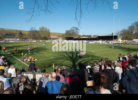 Eine große Menschenmenge beobachten 2017 Aberdeen Asset Melrose Sevens am Greenyards, Melrose, Scottish Borders. Stockfoto