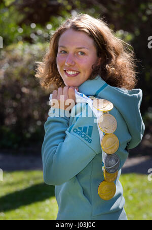 Laura Dahlmeier, deutsche Biathletin, mit fünf WM-gold-Medaillen und eine Silbermedaille, World Cup der Saison 2016/17 Stockfoto