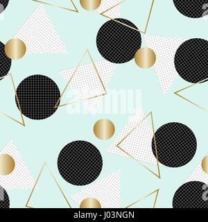 Nahtlose Muster mit geometrischen Elementen und Texturen in schwarz, Gold, hellgrün und weiß. Retro-Stil Fliesen Hintergrund, Plakat, Textil, gr Stock Vektor