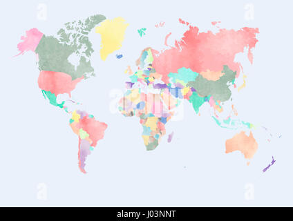 Aquarell Weltkarte mit Ländern Stockfoto