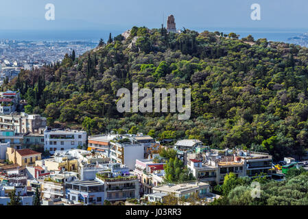 Luftaufnahme von Akropolis Athen, Griechenland mit Philopappos Denkmal auf Musaios Hill Stockfoto