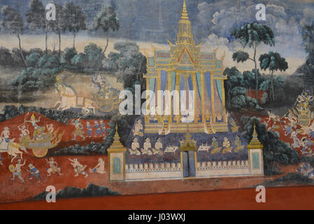 Details aus schönen Fresken des Reamker in der Galerie des königlichen Palastes, Phnom Penh. Diese sind eine Khmer Version des Ramayana. Stockfoto