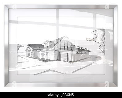 Bilderrahmen mit architektonischen Skizzen. Allgemeine Gebäude. Reflektierendes Glas mit Stadtbild Ansicht. 3D Render. Stockfoto