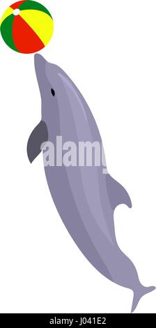 Vektor-Illustration springen Delfin mit Ball isoliert auf weißem Hintergrund zu spielen. Delphin-Symbol. Beach-Sommer-Ball. Meeresbewohner Stock Vektor