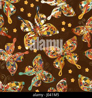 Mode-Schmetterlinge-Muster. Bunte Objekte auf gelben Hintergrund. Doodle. Hand zeichnen. Vektor-Illustration für Gewebe oder Packpapier. Sommer-print-design Stock Vektor