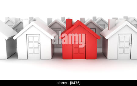 Viele Häuser und eine rote home.3d Illustration abstrakt Stockfoto