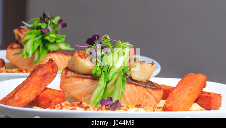 Knusprige Haut Pfanne gebratenes Lachsfilet mit Blumenkohl-Püree, Süßkartoffel, Jakobsmuscheln, Spargel, Speck bröckeln, Chiliöl Stockfoto