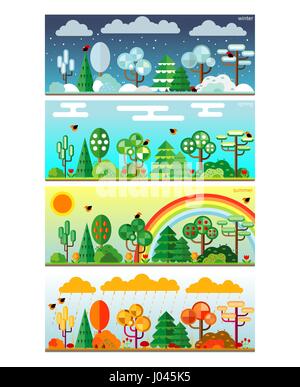 4 Jahreszeiten Parken flachen Stil Set Abbildung. Vektor Stock Vektor