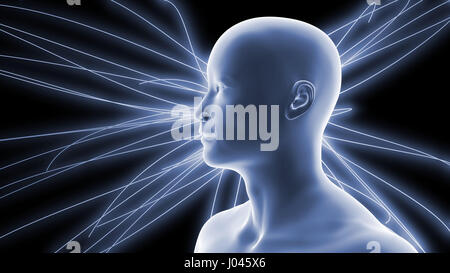 hübscher Junge lächelnd Mann vor glühenden technische Linien (konzeptionelle 3d Darstellung in Blautönen) Stockfoto