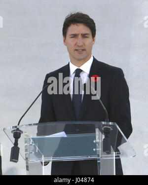 Der kanadische Premierminister Justin Trudeau auf Vimy Memorial Park in Frankreich, während der Feierlichkeiten zum 100. Jahrestag der Schlacht von Vimy Ridge zu sprechen. Stockfoto