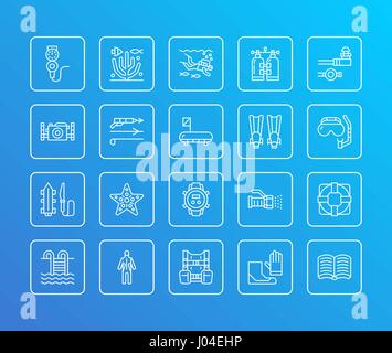 Tauchen, Schnorcheln Linie Symbole. Speerfischen Ausrüstung, Schlauch Maske, Flossen, Badeanzug. Wasser Sport dünne lineare Zeichen Stock Vektor