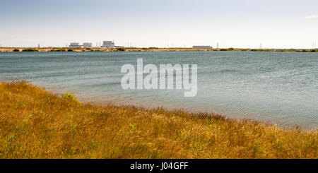 Der Reaktor und Turbine hallen Der dungeness Kernkraftwerke steigen aus dem Feuchtgebiet Landschaft von Romney Marsh auf der südlichen Küste von Kent. Stockfoto