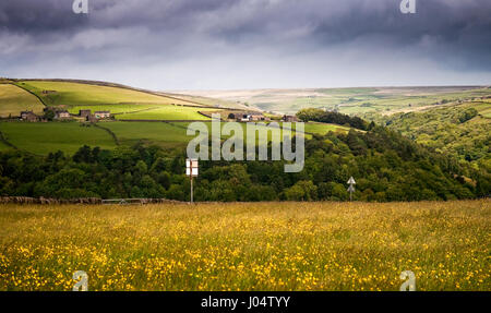 Landwirtschaftlich genutzten Feldern und Moorland oberhalb Heptonstall in der südlichen Pennines Hochland Region von England. Stockfoto