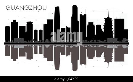 Guangzhou Skyline der Stadt schwarze und weiße Silhouette mit Reflexionen. Vector Illustration. einfache flache Konzept für Tourismus Präsentation, Banner, Plakat Stock Vektor