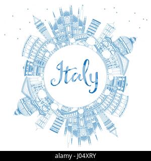 Übersicht Italien mit blauen Wahrzeichen und textfreiraum Skyline. Vektor-Illustration. Geschäftsreisen und Tourismus-Konzept mit historischer Architektur. Stock Vektor