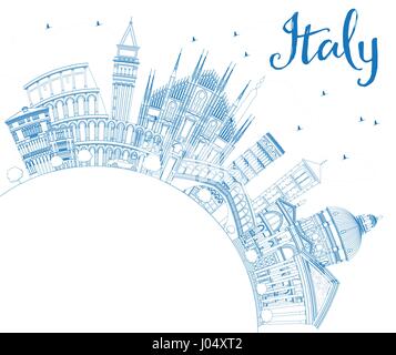 Übersicht Italien mit blauen Wahrzeichen und textfreiraum Skyline. Vektor-Illustration. Geschäftsreisen und Tourismus-Konzept mit historischer Architektur. Stock Vektor