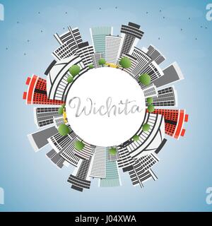 Wichita Skyline mit grauen Gebäude, blauer Himmel und Kopieren. Vector Illustration. Business Travel und Tourismus Konzept mit moderner Architektur. Stock Vektor