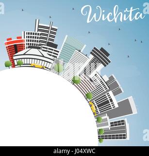 Wichita Skyline mit grauen Gebäude, blauer Himmel und Kopieren. Vector Illustration. Business Travel und Tourismus Konzept mit moderner Architektur. Stock Vektor