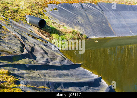 Deponie Sickerwasser Gießen in Teich aus einem schwarzen Rohr. Ort Ronneby, Schweden. Stockfoto