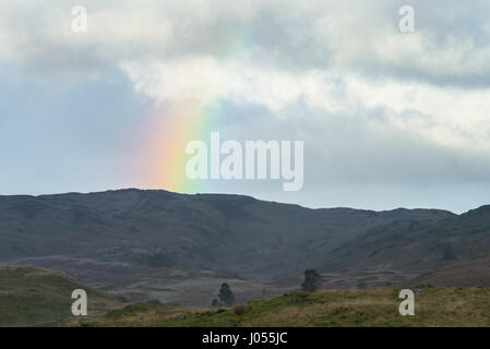 Coniston, Lake District, Cumbria. 10. April 2017. Ein Regenbogen macht einen kurzen Auftritt auf einen trüben und kalten Start in den Tag, die Temperatur ist seit gestern als ändert sich das Wetter kälter landesweit deutlich gesunken. Kredit Dan Tucker/Alamy Live-Nachrichten Stockfoto