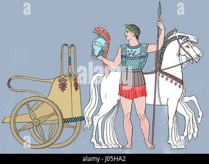 Alten Griechen. Krieger mit Wagen. Kupferstich, 19. Jahrhundert. Farbige. Stockfoto