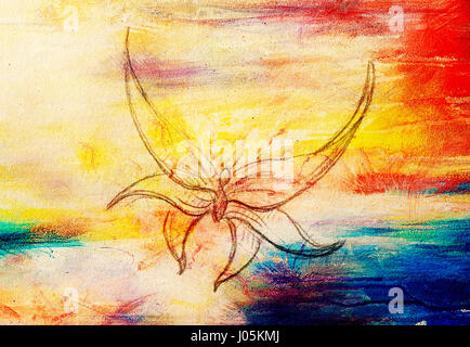 Zeichnung des Schmetterlings. Computer-Collage und Farbe Struktur. Stockfoto