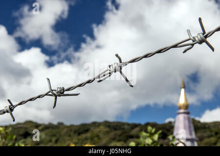 Detail eines Zauns, das buddhistische Kloster auf dem Berg Doi Inthanon.The Stacheldraht zu schützen hautnah. Gezogener Drahtzaun unter dem blauen Himmel. Stockfoto