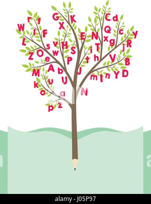 Baum mit Buchstaben. Bildung und wissen-Konzept. Bleistift-Baum mit Buch. Flache Vektor-illustration Stock Vektor