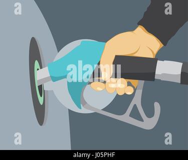 Hand Auto mit Benzin Düse auf Benzin Tankstelle auffüllen. Vektor-illustration Stock Vektor