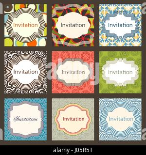 Einladung Karten Design-Vorlage-Set. Editierbare Layout zum Geburtstag, Einladung, Hochzeit, Babyparty, Valentinstag. Trendige geometrische Memphis st Stock Vektor