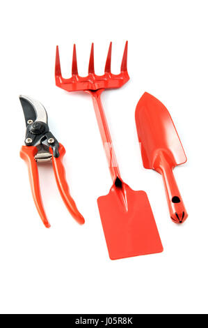 Garten-Tools wie Schaufel, Gabel, Schere auf weißen Hintergrund isoliert Stockfoto