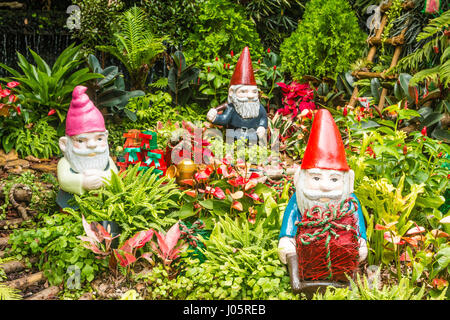 Gartenzwerg, umgeben von Pflanzen und Bäumen Stockfoto