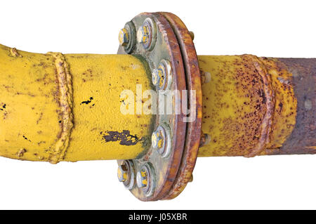 Alte alte verwitterte Grunge Gas Rohr Flansch Anschlussfugen, isolierte  gelbe vertikale Rohrleitung closeup Stockfotografie - Alamy