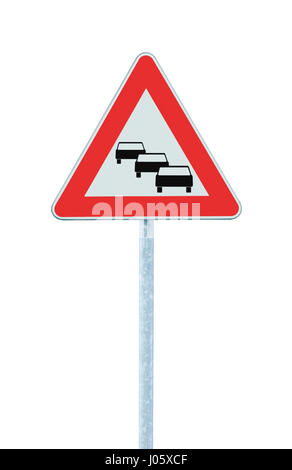 Stau in die Warteschlange wahrscheinlich Straßenschild, erwarten Verzögerungen voraus Warnung isoliert, Verkehr Stau Symbol, rotes Dreieck, große detaillierte vertikale closeup Stockfoto