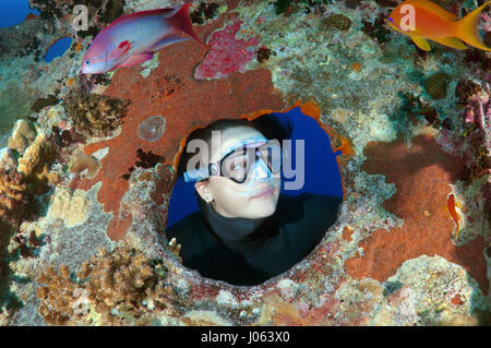 Ein Taucher Kollegen durch die Trümmer. UNHEIMLICHE Unterwasser Bilder zeigen im Inneren das Wrack des gesunkenen britischen Weltkrieg zwei Schiff SS Thistlegorm am fünfundsiebzigsten Jahrestag von ihrem Untergang. Die Bilder zeigen die verrosteten Überreste der Handelsmarine der Schiffsfracht umfasst Motorräder, Armee-LKWas und ein Flugzeug-Propeller. Andere Bilder zeigen, wie Leben im Meer haben bewohnen das Wrack. Stockfoto