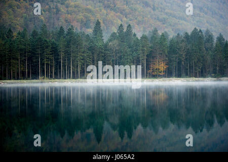 Blick über die nebligen und nebligen Bluntautalsee. Im Naturschutzgebiet Tal in der Nähe von Golling in Österreich umgeben das kristallklare Wasser des Sees Stockfoto