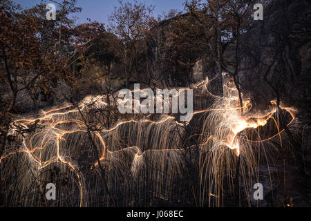 BRASILIANISCHE MITTELLAND, Brasilien: Natur und Wissenschaft haben verschmolzen, wie ein Fotograf Feuerwerk abgefeuert von Bäumen verwendet, um ihnen Licht zu bluten. Die magische Aufnahmen zeigen Bäume und einen See, beleuchtet von den Licht-Trails aus Fireworks in lagen über Brasiliens Mittelland, ein Wildlife-reiche Landschaft für die meisten der östlichen, zentralen und südlichen Teil von Brasilien. Lokalen Fotografen Vitor Schietti manuell winkte Feuerwerk mit Hilfe einer langen Stange, die wirbelnden Muster zu erstellen und bis zu zwölf Fotografien um das Finale zu erreichen, man die Sammlung von Bildern nennt, geschichteten "vergänglich Stockfoto