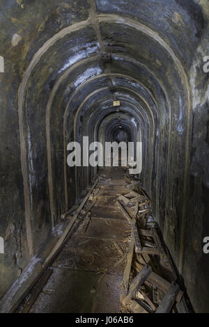 Teile der alten Holzbänke, die aus dem Krieg noch mal Luftschutzbunker. WATFORD, UK: Blick in die verlassenen Weltkrieg zwei Bunker, die einmal unter die temporäre HQ von der London, Midland and Scottish Railway lief. Gespenstische Bilder und video-Show was bleibt von der längst vergessene Air-raidschutz im The Grove mit Schutt verstreut in den engen Tunneln wo Transportpersonal würde von der Luftwaffe Bomber während der Blitz geschützt haben. Andere Aufnahmen zeigen das Eingangstor, fluoreszierende Pfeile und Schilder gemalt an den Wänden und riesige Spinnen, die im Tierheim gemacht haben die Stockfoto