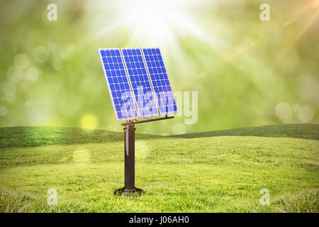 Bild 3D blau Solarpanel gegen Feld mit glühenden Himmel Stockfoto