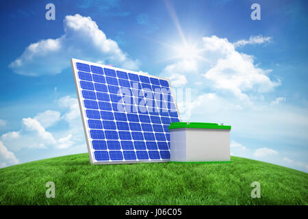 3D Bild Solarpanel mit Akku gegen grüne Hügel unter blauem Himmel Stockfoto
