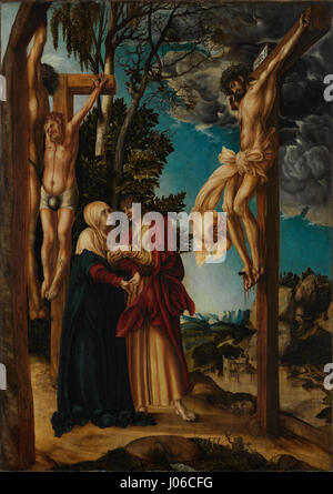 Die Klage unter dem Kreuz von Lucas Cranach dem Jüngeren zeigt den traurigen Moment der Kreuzigung Christi. Das Gemälde konzentriert sich auf die emotionale Intensität der biblischen Szene und betont die traurigen Ausdrucksformen der Figuren. Stockfoto