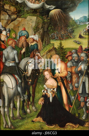 Lucas Cranach der Ältere die Enthauptung der Heiligen Katharina (um 1515) ist ein Gemälde der deutschen Renaissance, das das Martyrium der Heiligen Katharina von Alexandria darstellt. Das Werk ist bekannt für seine lebhafte Verwendung von Farben und Emotionen, um den tragischen Tod des heiligen festzuhalten. Stockfoto