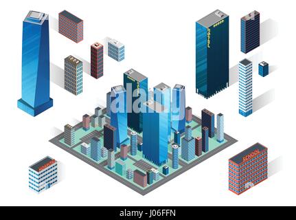 Vektor-Illustration. Modernen Stadtteil. Große Straße isometrische Stadtgebäude. Wolkenkratzer-Symbole auf weißem Hintergrund. Hotel, Businesscenter und Häuser. Stock Vektor