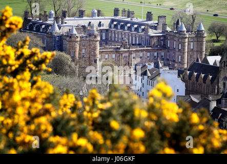 Einen allgemeinen Überblick über dem Palace of Holyroodhouse in Edinburgh, in der Frühlingssonne. Stockfoto