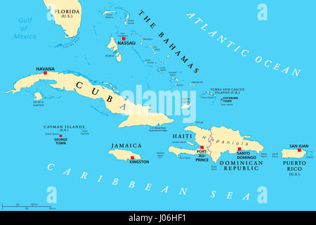 Politische Karte der großen Antillen. Karibik. Kuba, Jamaika, Haiti, Dominikanische Republik, Puerto Rico, Cayman Islands, Bahamas, Turks und Caicos ISL. Stockfoto