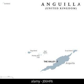 Anguilla politische Karte mit Hauptstadt im Tal. Britisches Überseegebiet in der Karibik, Teil der Inseln über dem Winde der kleinen Antillen. Stockfoto
